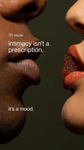 A close-up aesthetic shot of two individuals sharing a wellness gummy, using minimal text to pivot the product from a medicinal necessity to an emotional mood.